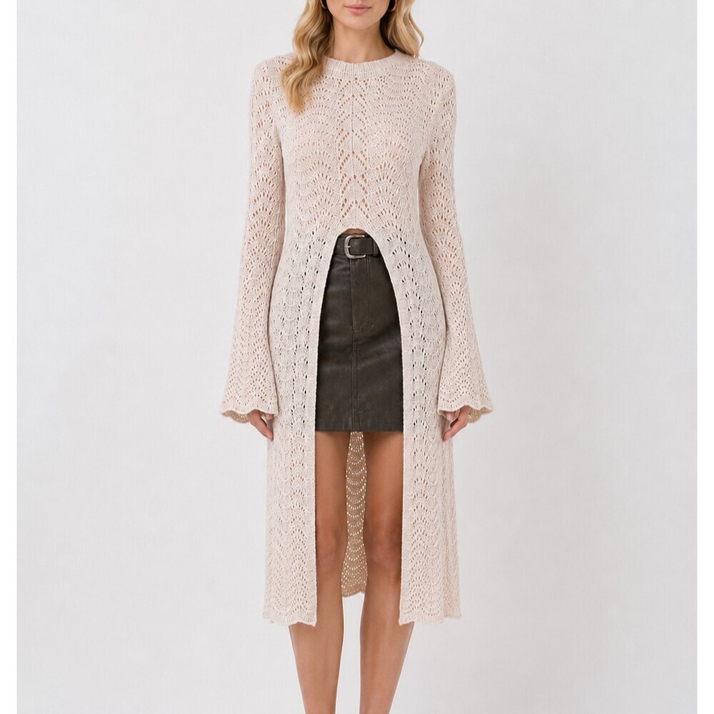 CHICME Scallop Trim Knit Split Front Hollow Out Cover Up Top Dress - Medium